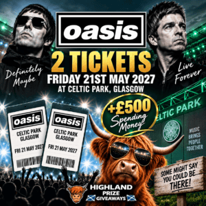 2 SEATED TICKETS TO OASIS AT CELTIC PARK, GLASGOW + £500 SPENDING MONEY
